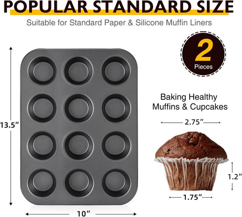HONGBAKE Muffin Pan for Baking, Nonstick 12 Cup Cupcake Tin, 2 Pack Premium Cheesecake Pans, Dishwasher Safe - Dark Grey