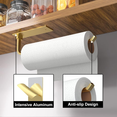 Paper Towel Holder - Self-Adhesive or Drilling, Gold, Upgraded Aluminum Kitchen Roll Dispenser Under Cabinet, Lighter