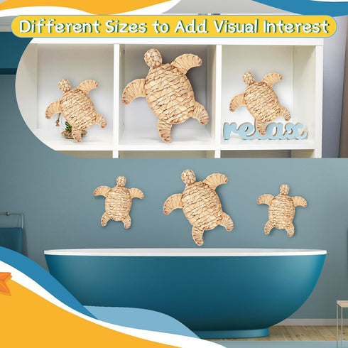 Threehoney 3 3 Pcs Turtle Beach Theme Decor Size Handmade Wicker Turtle Wall Decor Sea Life Hanging Wall Art Coastal