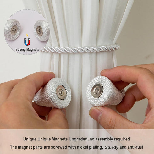 Magnetic Curtain Tiebacks 2 Pack, Outdoor Rope Tie Backs for Decorative Window Treatment, White