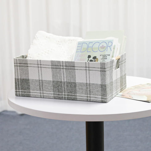 Fabric Storage Bin Box, Collapsible Cotton Linen Storage Cube with Wooden Handles, Light Gray Plaid, Medium