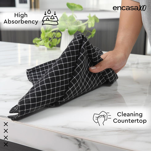 Encasa XO Cotton Kitchen Towel Set, Pack of 4, X-Large 28"x18", Highly Absorbent Hand and Tea Cloth - Butcher Black
