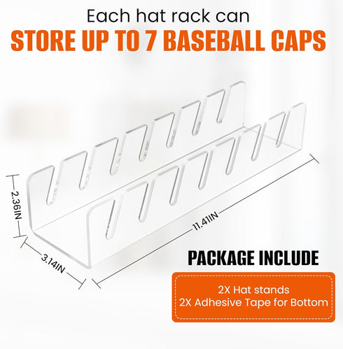 Hat Stand for Baseball Caps - Acrylic Hat Display and Organizer - Set of 2, Ready-to-Use Acrylic Hat Holder and Organizer for 14 Baseball Caps for Bedroom, Closet, or Dresser (Clear)