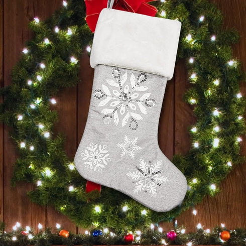 Comfy Hour Let It Snow Collection Silver Snowflake Stocking, 18"x11", Polyester