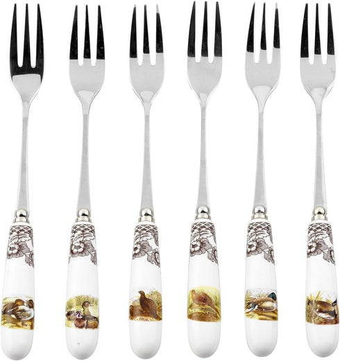 Spode Woodland 6" Pastry Fork, Assorted Bird Motifs - Porcelain Handle & Steel Dessert Fork