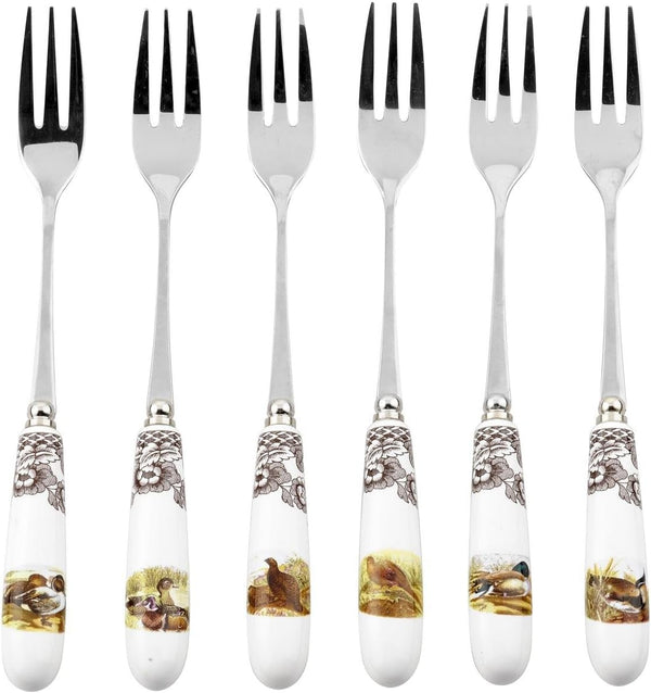 Spode Woodland 6" Pastry Fork, Assorted Bird Motifs - Porcelain Handle & Steel Dessert Fork