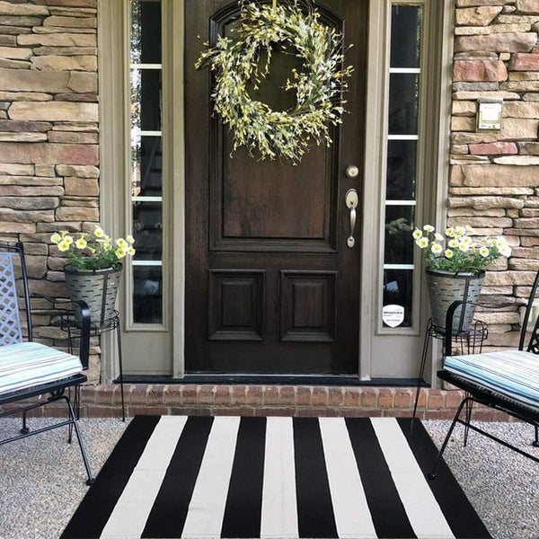 CAINANEL Black and White Striped Outdoor Rug 27.5X43 inches, Hand-Woven Cotton Indoor/Outdoor Welcome Mat for Porch