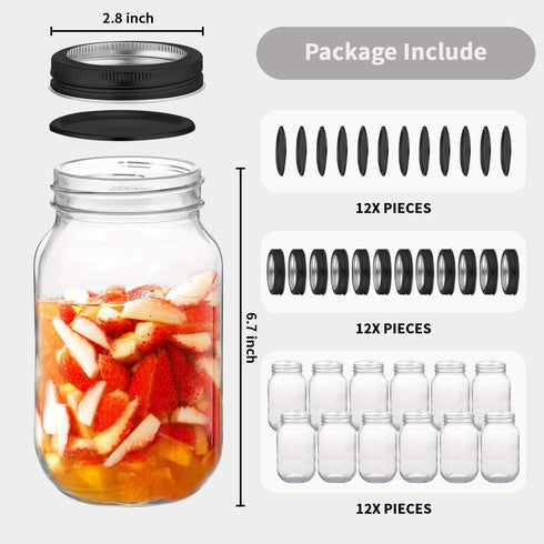 novelinks 32 OZ Clear Plastic Mason Jars with Airtight Lids - 12 PACK Plastic Jars for Kitchen & Household Storage