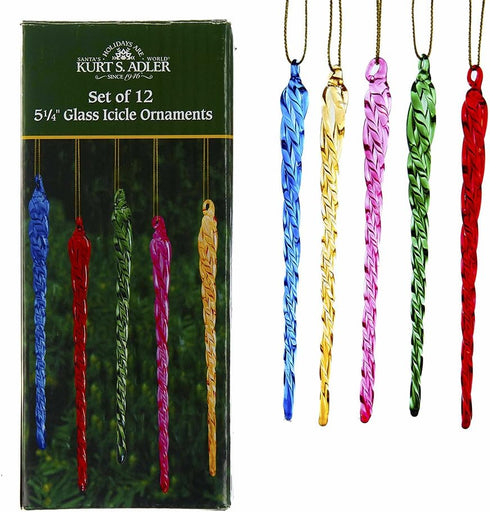 Kurt Adler 5.25-Inch Glass Multicolored Icicle Ornament - 12 Piece Box Set