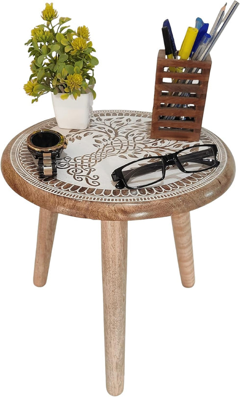 VANIYA CRAFTS Wooden Engraved Fold-able Side Table/End Table/Plant Stand/Stool for Living Room