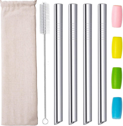 Boba Straws Reusable Metal Smoothies Jumbo Bubble Tea Straws with Silicone Tips Carry Bag (4 Pack)