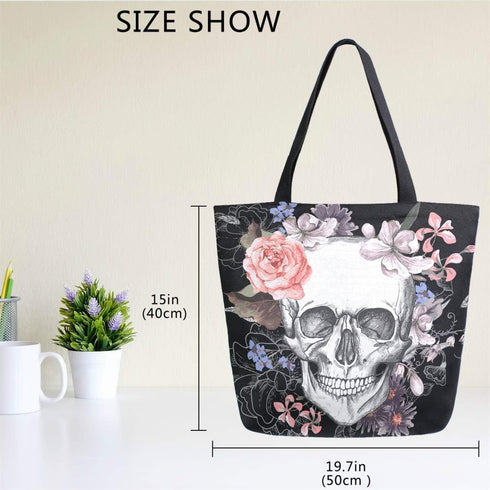 Naanle Day of The Dead Canvas Tote Bag - Large Floral Skull Reusable Cotton Handbag for Shopping, Outdoors