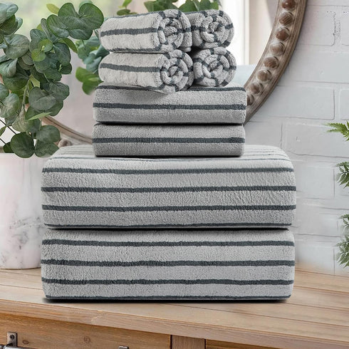 Oliven 8 Pcs Gray Cabana Stripe Bath Towel Set Oversize Bath Sheet-2