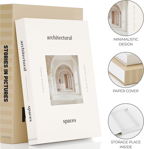 Set 2 Beautiful Decorative Books - of Boxes Enhance Your Coffee Table, Bookshelf or Mantel Decor - Aesthetic Fake/Faux