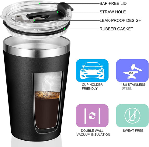 VEGOND 12oz Black Tumbler - Stainless Steel Vacuum Insulated Double Wall Travel Tumbler with Lid and Straw, Reusable (1