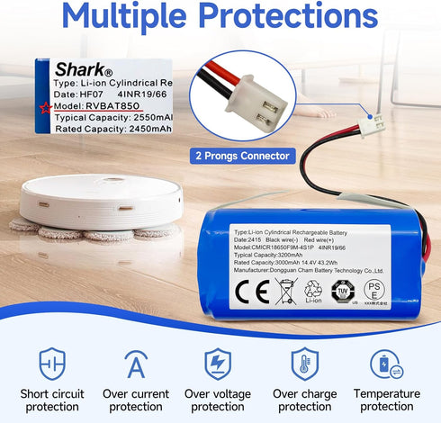 Replacement Shark RVBAT850 Battery for Shark Ion R75, R85, RV850, 3200mAh 14.4v/14.8v (2-Prong connector)