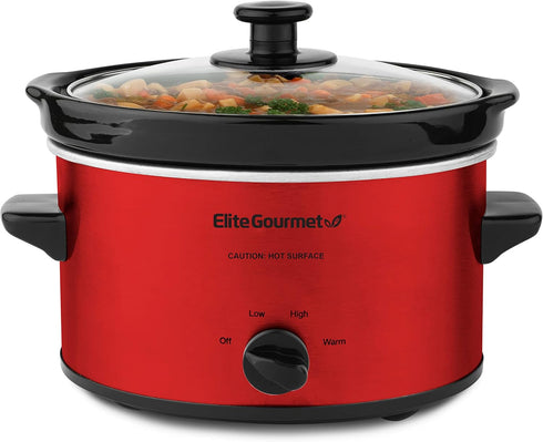 Elite Gourmet MST-275XR# Electric Oval Slow Cooker, 2 Quart, Metallic Red, Dishwasher Safe Glass Lid