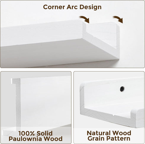 16 inch Set 3, Floating Shelves for Wall, Solid Wood Picture Ledge Shelf for Wall Storage, Nursery Book Shelves