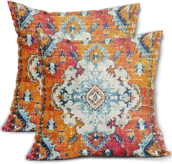 Orange Teal Boho Vintage Pillow Covers, 18X18 Inch Decorative Pillow Cases, Set of 2 Farmhouse Decor