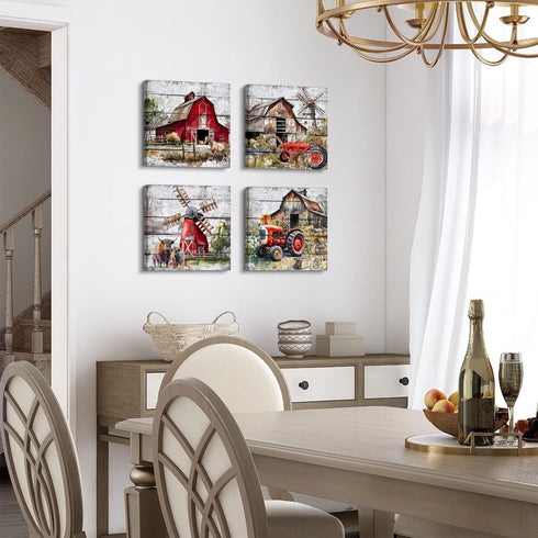 Rustic Farmhouse Wall Art - Red Barn Pictures for Country Kitchen Decor, 12x12" Canvas Prints, 4Pcs