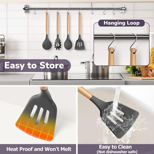 TeamFar Kitchen Utensils Set of 7, Silicone Cooking Tools with Wooden Handles for Baking, Mixing, Non-toxic