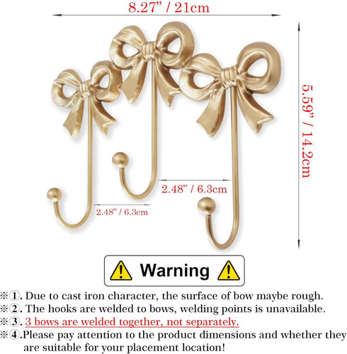 Hooks:8.27x5.59 inches) Small Bow Wall Hook,Gold Wall Mounted Functional Hooks,Antique Gold Cast Iron Hook