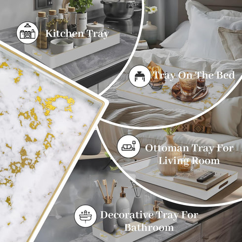 15.8" 10.2" 1.4" MAONAME White Decorative Tray with Handles, Plastic Serving Tray for Coffee Table, Marbling