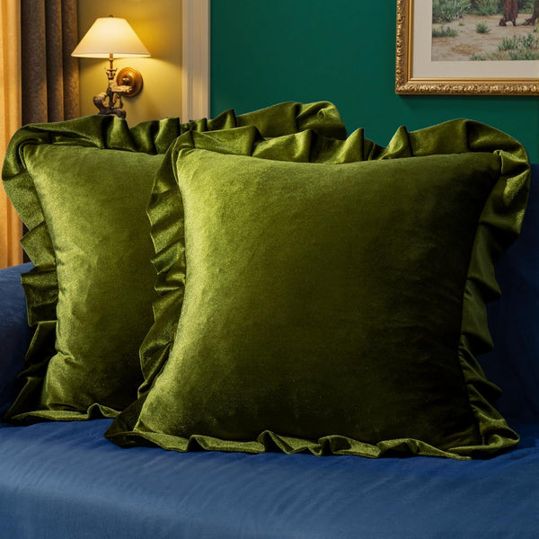 MIULEE Velvet Ruffle Throw Pillow Covers Soft Luxurious Olive Green Pack of