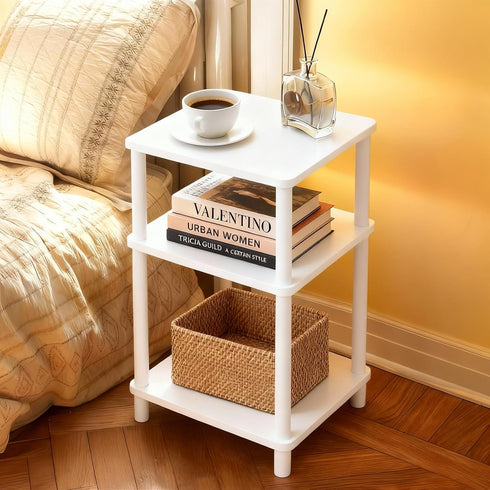 3 Legs28' YGYQZ Tier White Side Table Small End Table with Solid Wood Tall Bedside Table with Storage ShelfNightstand