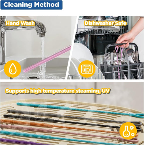 2Pcs 6mm+9mm, YOTIME Silicone Straw Cleaner Brush, Reusable Straw Brush Extra Long for Cleaning Tumbler with Handle