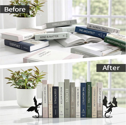 ENCIMART Dragon Metal Bookends Decorative, Unique Office Desk Book Ends for Shelves Bookshelf Home Office Desk