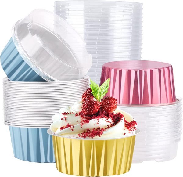 EUSOAR Mini Aluminum Pans with Lids, 30 Pack 5oz Disposable Foil Cupcake Liners, Dessert Cups with Lids