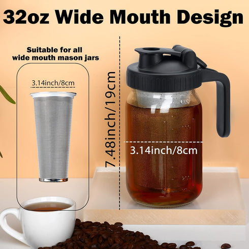 Cold Brew Coffee Maker - 32oz Cold Brew Pitcher with Stainless Steel Super Dense Filter Easy of Use, Durable & Sturdy Classic BPA Free Sturdy Mason jar Pitcher with Black Lid Easy to Clean by Jrssae