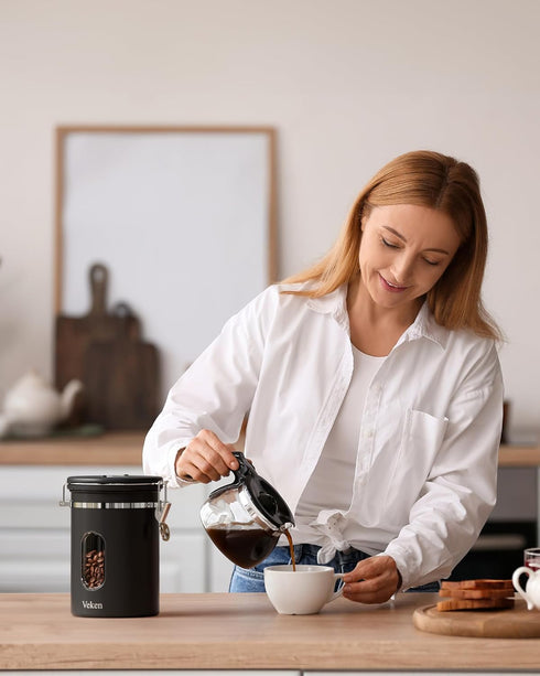 Veken Coffee Canister with Window, Airtight Stainless Steel Storage Container for Coffee, Beans, and Tea