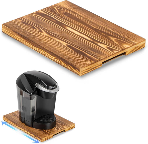 Wooden Appliance Slider for Coffee Maker, Rustic Brown Deep Kitchen Caddy Rolling Tray, Coffee Pot Slider