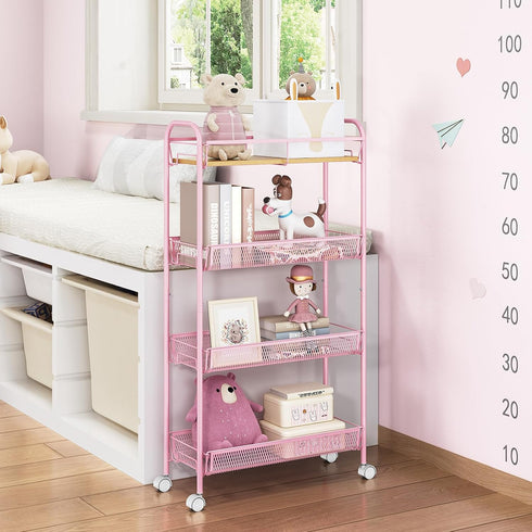4-Tier TOOLF Slim Rolling Cart, Metal Storage Cart with Wooden Tabletop and Mesh Baskets for Narrow Space on Kitchen