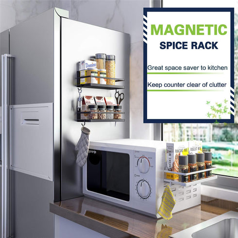 Thipoten Magnetic Spice Rack with 2 Removable Hooks, Strong Shelf for Small Kitchen/Apartment, White Metal Cabinet
