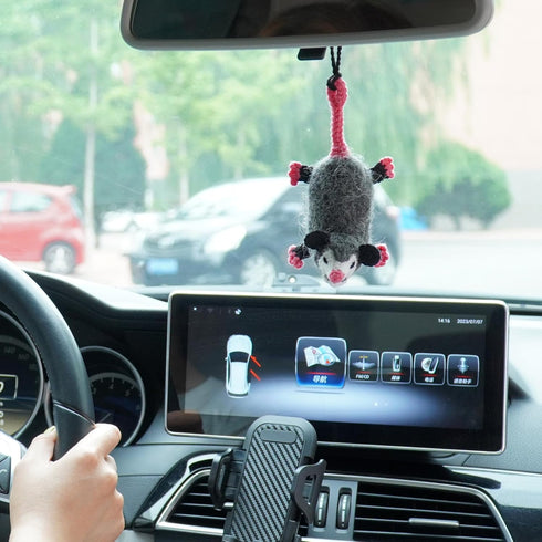 Cute Opossum Crochet Car Mirror Hanging Accessories, Handmade Knitted Screaming Possum Pendant for Car Decor
