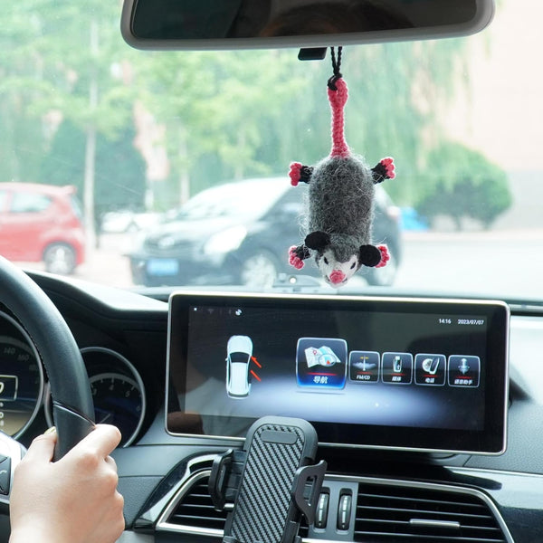 Cute Opossum Crochet Car Mirror Hanging Accessories, Handmade Knitted Screaming Possum Pendant for Car Decor