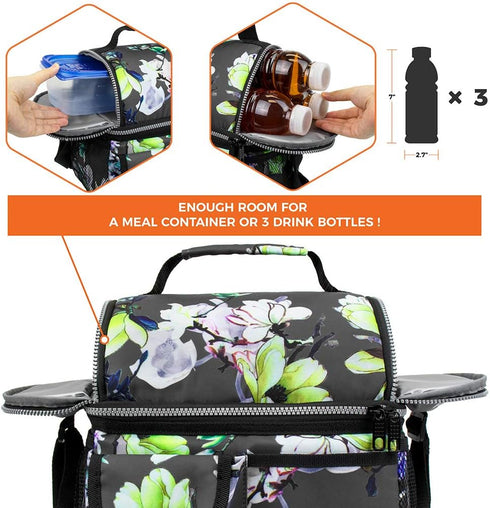 opux Insulated Lunch Bag for Women, Adult Cooler, Flower Lunch Box, Dual Compartment, Floral Gray