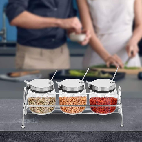 Set of 3 Glass Seasoning Bottles with Lids, Stainless Steel Serving Spoons, Base Rack and Labels - only fire Condiment