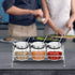Set of 3 Glass Seasoning Bottles with Lids, Stainless Steel Serving Spoons, Base Rack and Labels - only fire Condiment