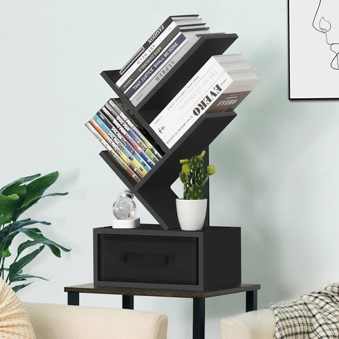 Small Book Shelf with Drawer, 4 Tier Black Tree Bookshelf, Wooden Desktop Bookcase for Living Room, Bedroom, Office