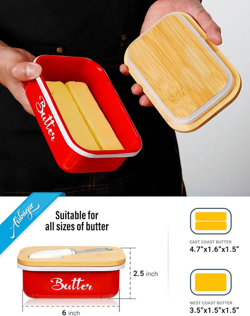 Butter Dish, Butter Dish with Lid for Countertop,Metal Butter Keeper with Stainless Steel Multipurpose Butter Knife, Large Butter Container with quality Silicone Good Kitchen Gift,Red