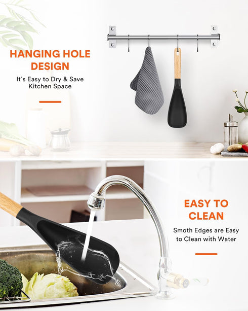 Cooking Spoon for Nonstick Cookware, Durable BPA-Free Matte Silicone, Wood Handle for Mixing, Scoop, and Scrape (Black)