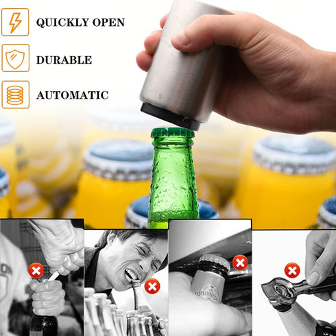 Premium Automatic Beer Bottle Opener, Stainless Steel Portable Push Down and Pop Off Magnetic Cap Catcher for Home Bars