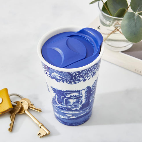 Spode Blue Italian 8oz Porcelain Travel Mug with Lid – Scenic Patterned Drinkware with Decorative Border, Portable