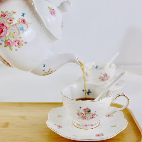 Eplze 2 sets YBK Tech Strengthen Porcelain Coffee Pot Ceramic Teapot- Pink Rose (Teapot+ of cup and saucer)