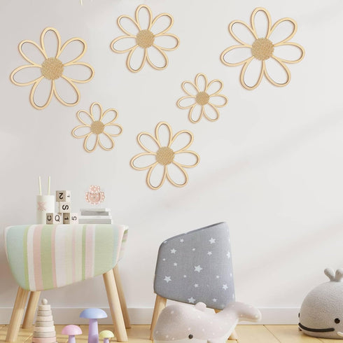 6 Thyle Pcs Daisy Wall Decor Wooden Daisy Wall Sculptures Art Flowers Signs Hanging Plaque for Home Nursery Bedroom