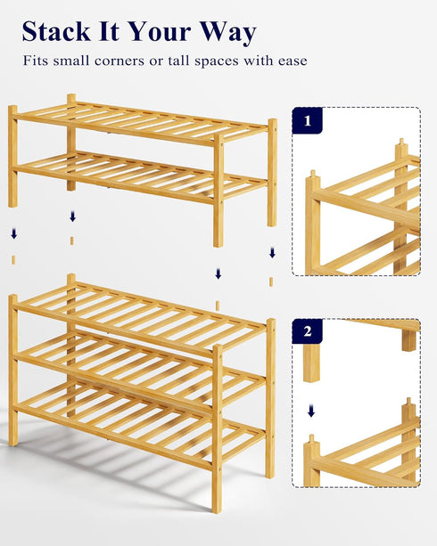 Closet 26.8" 11" 18.9", Kitsure Bamboo Wooden Shoe Rack for - Stackable Shoe Organizer with Modular Structure